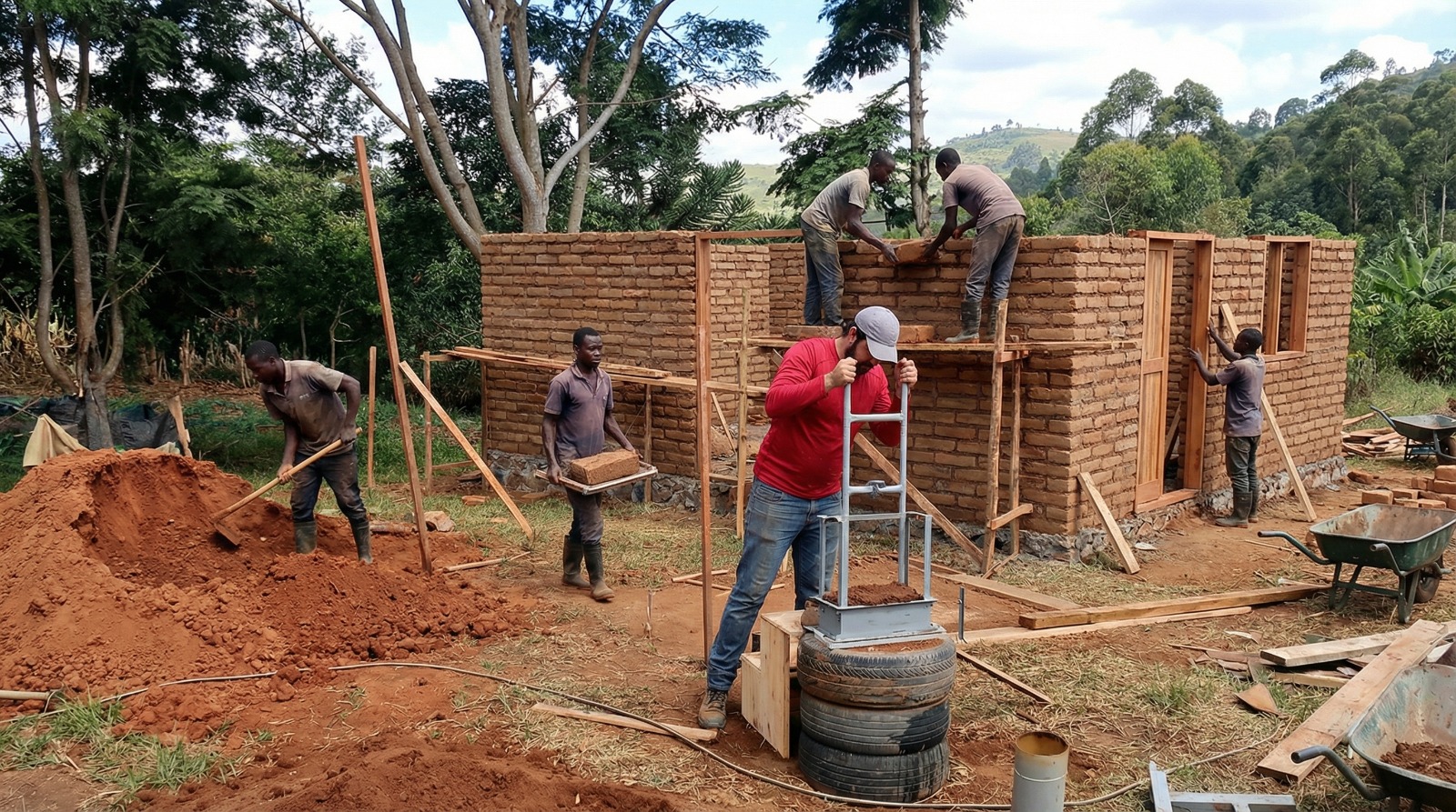 Equipe trabalhando na compactação do BrickerAdobe